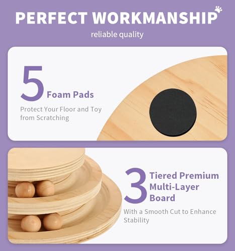 Made4Pets Cat Scratching Post Cat Scratcher Kitten Toys for Indoor Cats Wooden Ball Track Two-Layer Modern Sisal 17.7" Tall Scratch Post Interactive Toy with Dangling Ball