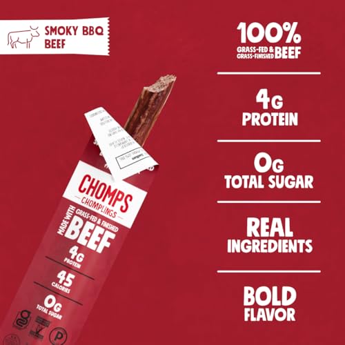 Chomps Snack Size Grass-Fed and Finished Smoky BBQ Beef Jerky Snack Sticks 0.5oz 24-Pack - Keto, Paleo, Whole30, 4g Lean Meat Protein, Gluten-Free, Zero Sugar Food, Non-GMO Chomplings