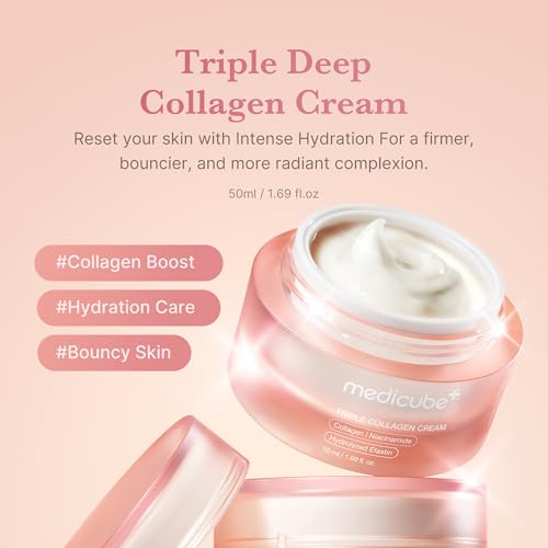 Medicube Triple Collagen Cream - Hydrating & Firming Moisturizer with Hyaluronic Acid, Premium Elastin, Shea Butter - Wrinkle Care & Boosts Elasticity - Korean Skincare, 1.69 oz