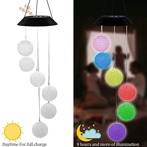 MorTime LED Solar Crystal Ball Wind Chime, 25" Mobile Hanging Wind Chime for Home Garden Decoration, Automatic Light Changing Color