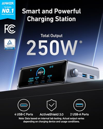 Anker  Charging Station, 250W 6-Port GaN USB C Charger, 2.26" LCD Smart Display Control, Compatible with iPhone, Galaxy, MacBook, Dell for Home Office, Gaming Desk Accessories