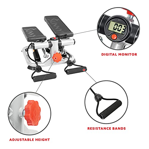 Sunny Health & Fitness Mini Steppers with Digital Monitor and Resistance Bands, Compact Low-Impact Cardio Machines for Home Workouts