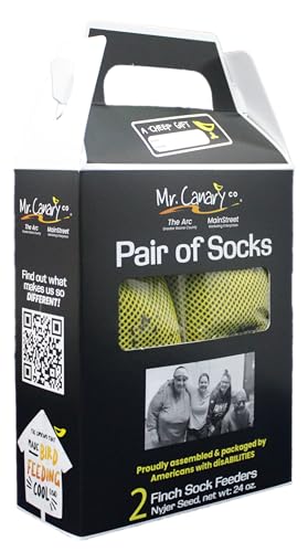 Mr. Canary Yellow 'Pair of Socks' Finch Sock Feeders, 2pk, Seed-Filled All-Season Feeders, 24oz Total