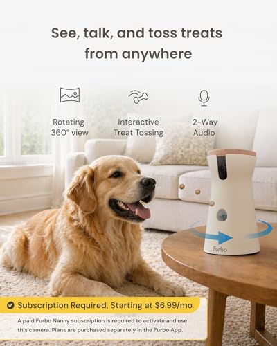 Furbo 360° Dog Camera [Subscription Required] Unlock w/Paid Plan: Home Security & Dog Safety Alerts, Rotating Pet Treat Toss, 2-Way Speaker (Low Risk, 3mo Min. Cancel Anytime)