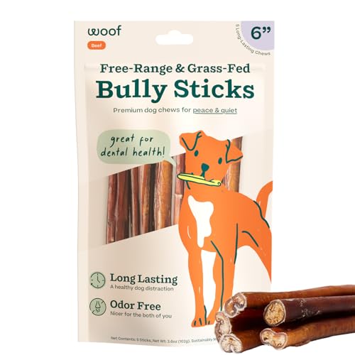 WOOF Bully Sticks Dog Treats - Chew Sticks for Dogs - Long-Lasting Dog Chew Treats - Made with Free-Range, Grass-Fed Beef - 6" Sticks - 5pk