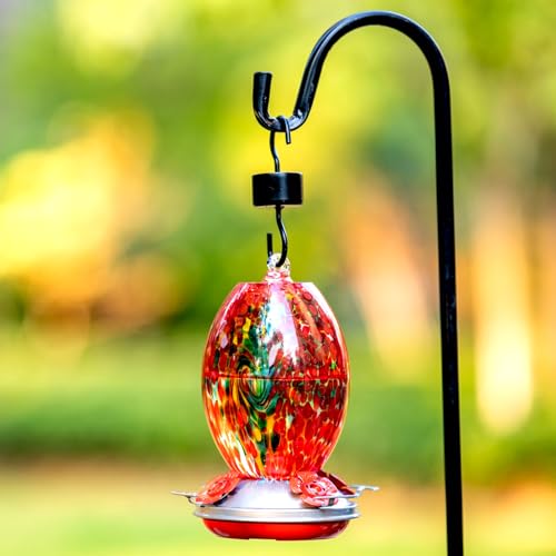 Muse Garden Glass Humming Bird Feeders for Outdoors - 27OZ Blown Glass Hummingbird Feeder - Unique Gift Mom Women Grandparents, Outdoors Hanging Garden Decor, Includes Ant Moat & Brush, Red Swirl