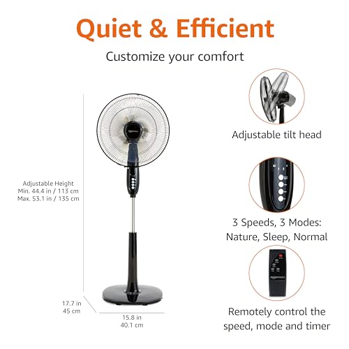 Basics 16" Pedestal Fan with Remote for Bedroom, Living Room, Office, Adjustable Height, Dual-Layered Blades, 3 Speeds, 3 Modes, Timer, Tilt Head, 60W, Black