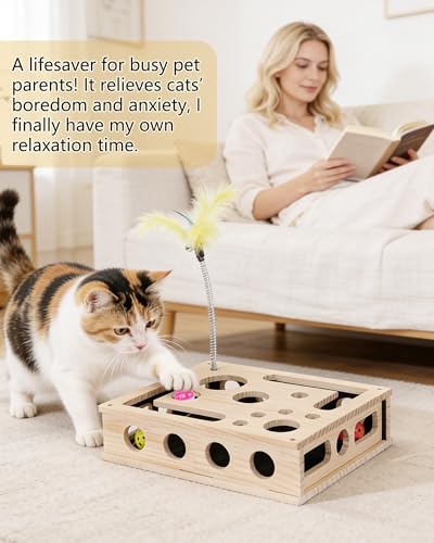 Cat Toys for Indoor Cats - Interactive Box Puzzle Toy Nail File Scratcher Hunting Play Toy with 3 Jingle Balls & 1 Feather Wand, Wooden Puzzle Treat Toy Box Energize Cat Instincts for Bored Cats
