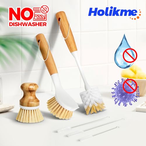 Holikme 6 Pack Dish Brush Scouring Pad Set with Bottle Brush, Dish Brush, Palm Scrub Brush and Straw Brush, Dish Scrubber Long Handle for Dish Bottle Cup Skillet Wok Pot Pan Cast Iron, Yellow