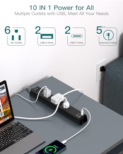 Surge Protector Power Strip - Extension Cord with Addtam 6 AC Outlets 4 USB (2 USB-C Ports), 1875W/15A, Flat Plug with Overload Surge Protection, Outlet Extender for Home Office Dorm Room Essentials