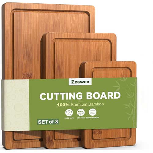 3-Piece Set Bamboo Cutting Board for Kitchen - Crack-Resistant Wood Chopping Boards with Deep Juice Grooves, Pre-Oiled Butcher Block for Meat, Vegetables & Cheese, Carbonized