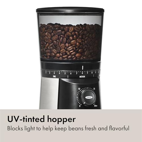 OXO Brew Conical Burr Coffee Grinder - Silver, Stainless Steel Burrs, One-Touch Automatic Smart Grind