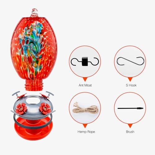 Muse Garden Glass Humming Bird Feeders for Outdoors - 27OZ Blown Glass Hummingbird Feeder - Unique Gift Mom Women Grandparents, Outdoors Hanging Garden Decor, Includes Ant Moat & Brush, Red Swirl