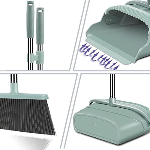 Upgrade Broom and Dustpan Set, Large Size and with Long Handle, Upright,Ideal for Indoor Outdoor Garage Kitchen Room Office Lobby Use (Green)