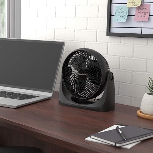 Basics Air Circulator Desk Fan for Bedroom, Home and Office, 90-Degree Tilt Head, 3 Speed Settings, Cooling, 35 Watts, Black, 11.1"W x 6.3"D x 10.9"H