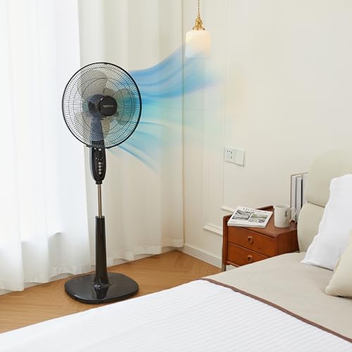 Basics 16" Pedestal Fan with Remote for Bedroom, Living Room, Office, Adjustable Height, Dual-Layered Blades, 3 Speeds, 3 Modes, Timer, Tilt Head, 60W, Black
