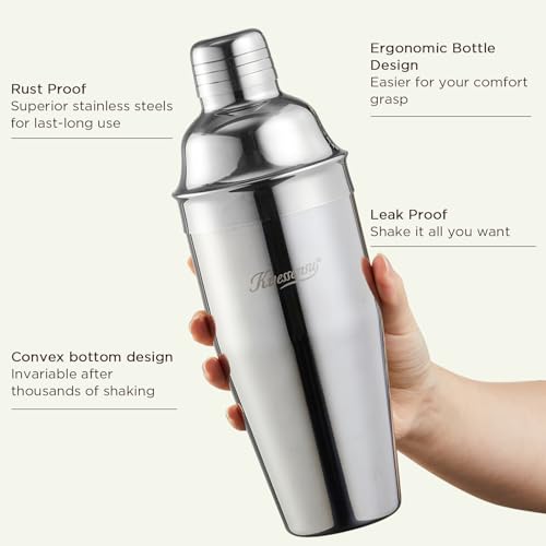 Cocktail Shaker, KITESSENSU 24oz Drink Shaker with Bartender Strainer, Measuring Jigger, Bar Mixing Spoon, Cocktail Recipe Guide, Professional Drink Mixer Set for Beginners, Silver