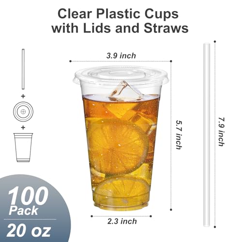 Dealusy 100 Pack - 20 oz Clear Plastic Cups with Lids and Straws, Sturdy & Food Safe Iced Coffee Cups with lids, Disposable Plastic Smoothie Cups for Cold Drinks