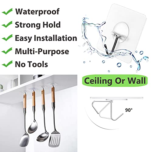 JINSHUNFA Adhesive Wall Hooks 13LB Heavy Duty No Drill Transparent Waterproof Hooks for Bathroom Kitchen Towel Coat 12 Pack