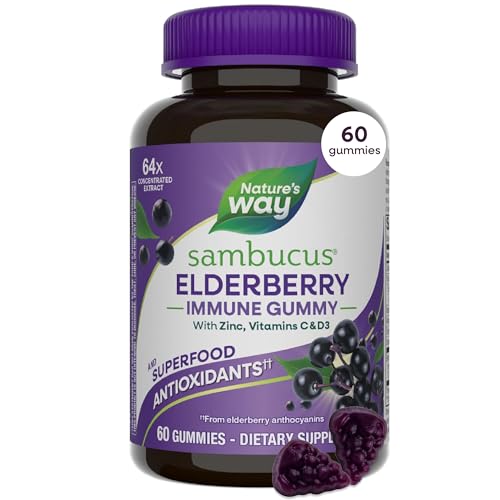 Nature's Way Sambucus Elderberry Gummies, Immune Support Gummy for Adults & Kids Ages 4+ with Black Elderberry Extract, Vitamin C, Vitamin D3, and Zinc*, 60 Gummies