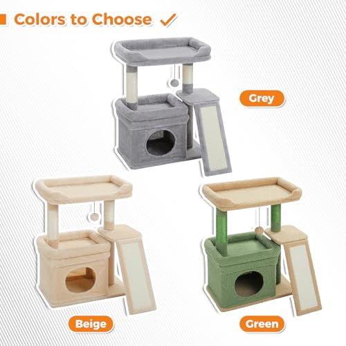 PEQULTI Small Cat Tree Tower for Large Adult Cats with Wide Top Perch, Private Cat Condo and Sisal Scratching Post&Pad for Indoor Cats, Gray