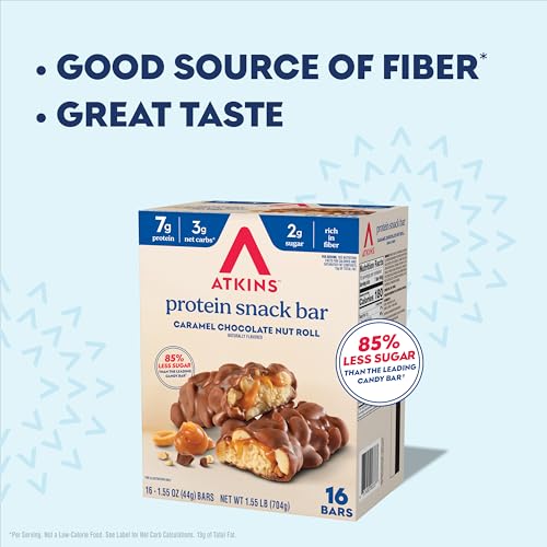 Atkins Caramel Chocolate Nut Roll Snack Bar, Protein Snack , 7g Protein, 2g Sugar, High Fiber Snack, 16 Count