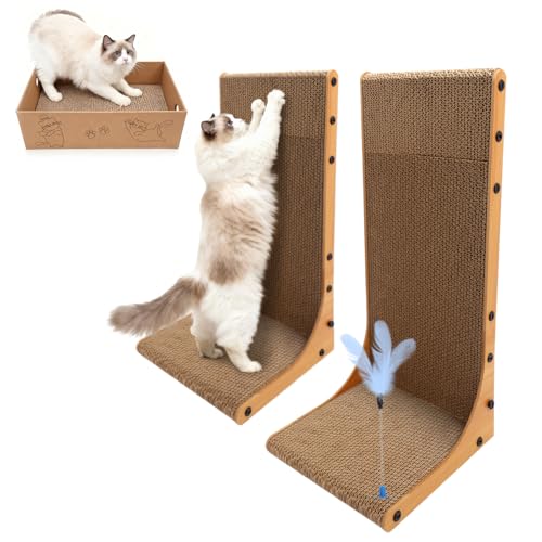 Goosheep Cat Scratching Post, 3-in1 Scratching Board for Indoor Cats, 2PK 22in L-Shaped Cat Scratcher with 1PK Cardboard Box Scratch Pad, Cats Scratch Furniture Protector with Feathered Toy
