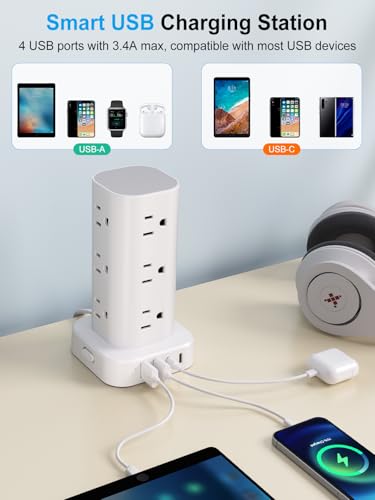 Power Strip Tower with Multiple Outlets, Flat Plug Surge Protector Tower Extension Cord with 12 AC Outlets 4 USB Ports (2 USB C), 6FT Cord Power Tower Surge Protector for Home Office Dorm Room, White