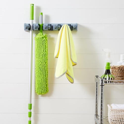 Basics Rectangular Heavy Duty Wall Mount Broom and Mop Holder, Sturdy Tool Organizer with Hooks and Slots for Garage, Garden, Laundry, Kitchen Organization, 2.36 x 16.9 x 3.35 in, Gray