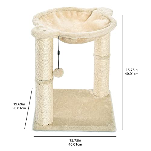 Basics Cat Tower with Hammock Bed and Scratching Post for Indoor Cats, Easy to Assemble, Interactive Hanging Ball, 15.8" x 15.8" x 19.7", Beige