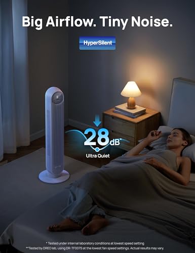 DREO Tower Fan for Bedroom, 25ft/s Smart Standing Fans, 90° Oscillating Floor Fan with 4 Modes, 4 Speeds, 8H Timer, 28dB, Bladeless, Remote, Works with WiFi Voice Control