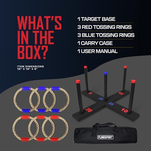 FLINGSPORT Ring Toss Game, Incl. 6 Rings, Case, Gifts for Kids, Outdoor Yard Games for Kids Adults & Family, Backyard Party Activities, Gifts for Teens, Boys & Girls Ages 8-12+ Years Old