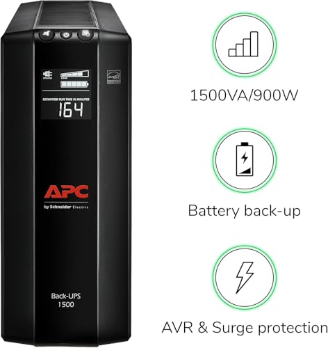 APC UPS Back-UPS Pro 1500VA UPS, 900W Battery Backup & Surge Protector, AVR, 10 Outlets (NEMA 5-15R), LCD, BX1500M Uninterruptible Power Supply for Computers, Wi-Fi Routers, Home Office Electronics