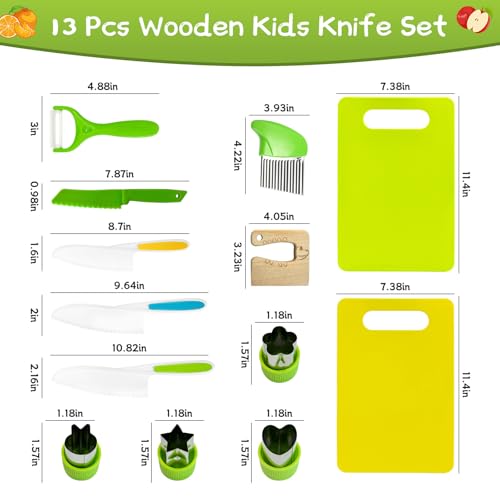 Chanking 13 Pieces Kids Safe Knife Set for Real Cooking Child-Friendly Plastic Chef Tools Montessori Kitchen Toys for Toddlers Birthday Gifts for Boys and Girls Ages 4+ (A)