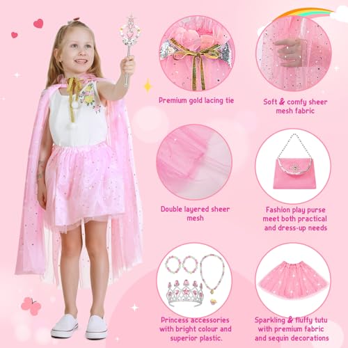 Meland Princess Dress Up for Girls 3-8, Cape with Crown & Tutu, Birthday Gift for Toddler Girls, Pretend Play Toys for Kids