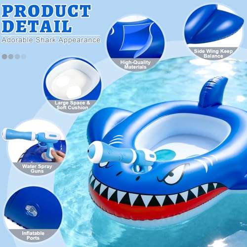 2 Pack Inflatable Shark Pool Floats Kids 3-11 Years, Kids Floaties Swimming Pool Toys with 2 Water Squirt Guns Boys Girls Party Float Ride-on Toddler Floatie with Safety Seat Summer Outdoor Water Game
