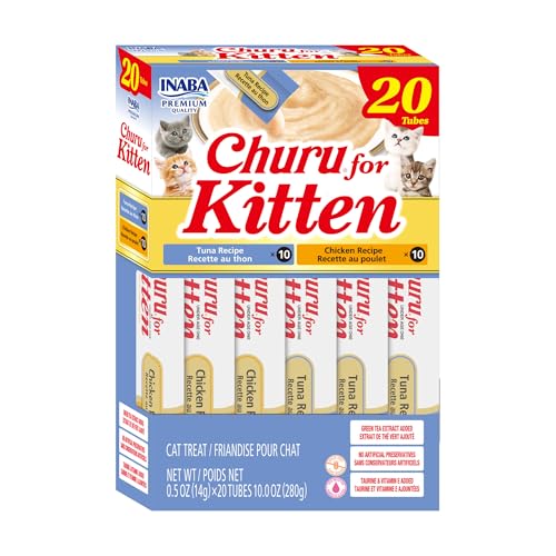 INABA Churu for Kittens, Lickable, Squeezable Creamy Purée Cat Treat with Green Tea Extract & Taurine, 0.5oz. Each Tube, 20 Tubes, Tuna & Chicken Variety