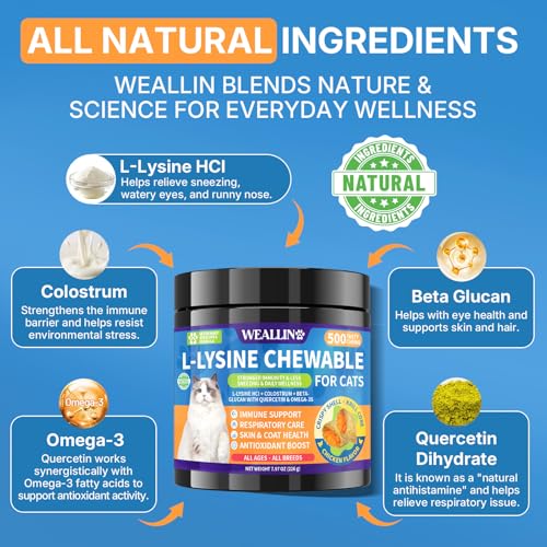 L-Lysine Chews for Cats 500 Chews, Immune & Respiratory Support Crunchy Shell with Krill Core, with Colostrum & Omega-3s for Sneezing and Runny Nose, Chicken Flavor, for All Ages & Breeds Cats