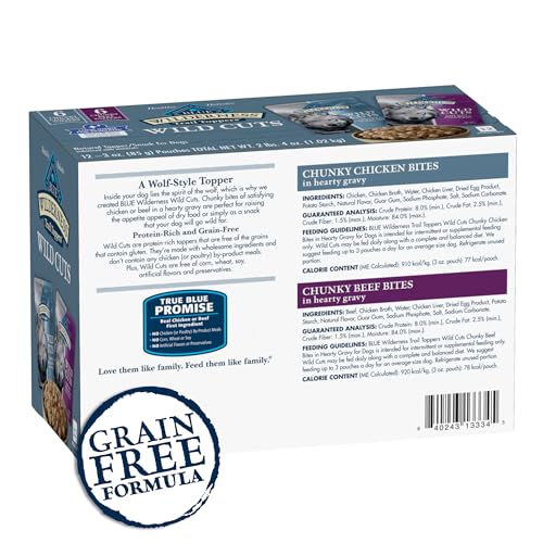 Blue Buffalo Wilderness Trail Toppers Wild Cuts Wet Dog Food Variety Pack, High-Protein & Grain-Free, Made with Natural Ingredients, Chicken and Beef Flavors, 3-oz Pouches, (12 Count, 6 of Each)