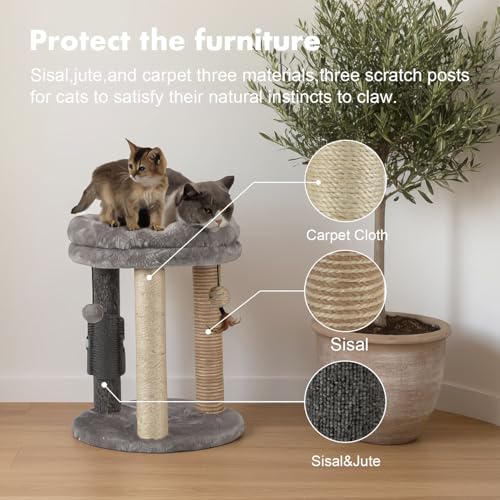 MECOOL 4in1 Small Cat Tree,Scratching Post with Tower Soft Bed, Sisal Carpet Jute Posts with Three Hanging Ball Toys and Massage Brush for Indoor Cats and Kittens