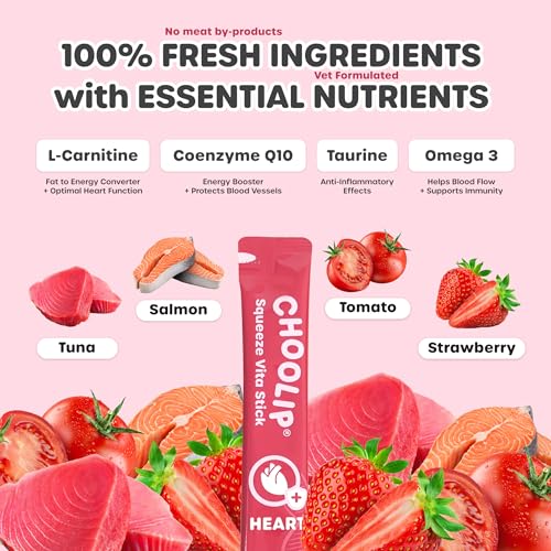 Choolip Squeeze Vita Stick Lickable Cat and Dog Treats, 7-Count Heart Support, Salmon and Tuna with CoQ10, Taurine and L-Carnitine, Grain-Free, Vet-Formulated