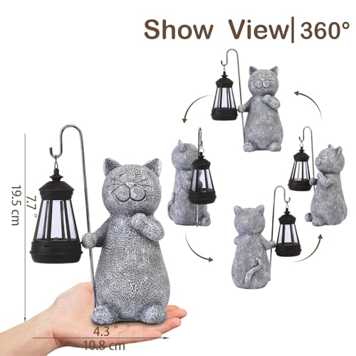 Qeeman Solar Cat Garden Statue: Weatherproof Resin Figurine with Warm Glow Lantern - Outdoor Decor for Yard Pathway Patio Porch Balcony - Gifts for Mom Grandma Cat Lovers