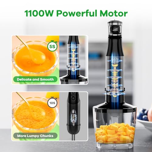 Turelar Immersion Blender Handheld Corded Hand Blenders Set 1100W, Trigger Variable Speed 5 in 1 Stick Emulsifier with Chopper, Whisk and Frother for Soup, Baby Food and Smoothies,Black