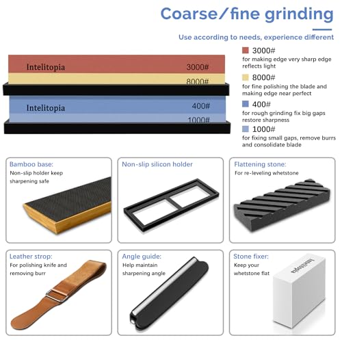 Intelitopia Complete Knife Sharpening Stone Set – Dual Grit Whetstone 400/1000 3000/8000 Knife Sharpener with Leather Strop, Flattening Stone, Bamboo Base, 3 Non-slip Rubber Bases & Angle Guide