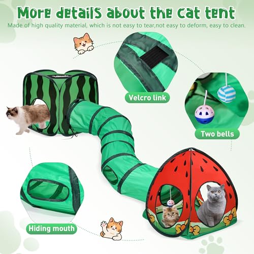 Tailtastic 3-in-1 Watermelon Cat Play Tunnel with Pop-Up Cube & Triangle Cat Tent, Interactive Toy Ball & Foldable Design - Easy Magic Tape Assembly Tunnels for Indoor Cats