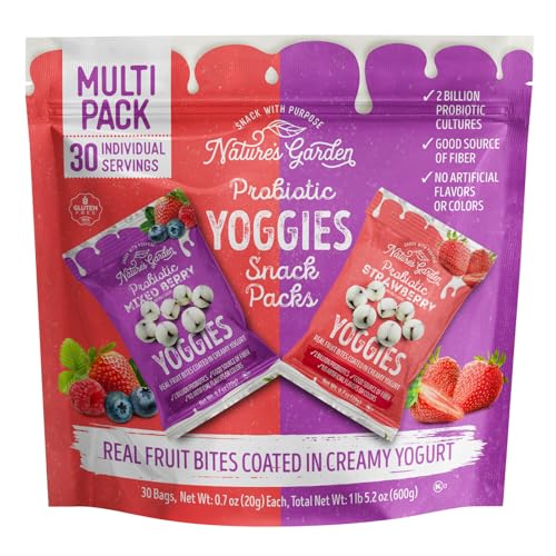 Nature's Garden Probiotic Yoggies Multi Pack, 21oz (Strawberry 15x0.7 oz + Mixed Berry 15x0.7 oz) Yogurt Covered Healthy Snack, High Fiber, Real Fruit Pieces, No Artificial Ingredients, for Adults