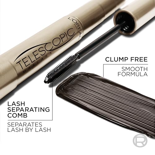L’Oreal Paris Makeup Original Telescopic Mascara, Separating Mascara Volume and Length Formula, Washable, Blackest Black, 0.27 Fl Oz., 1 Count