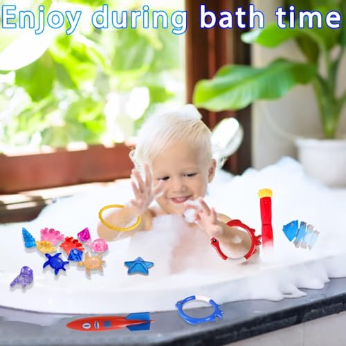 20Pcs Summer Pool Diving Swimming Toys for Kids Ages 3-12, Fun Swim Games Sinking Set, Underwater Dive Gifts with Storage Bag Include Torpedo Gems Shark Rings Sea Animals for Boys Girls Toddlers