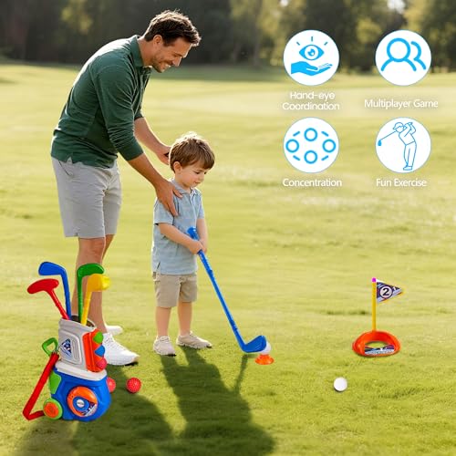 PJG Toddler Golf Set, Plastic Kids Golf Clubs Ages 1 2 3 4 5 Years Old with 4 Golf Clubs and 10 Balls, Indoor and Outdoor Toddler Golf Toys with Cart for Boys and Girls Birthday (Blue)