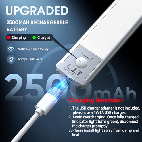 MCGOR 14.7inch Under Cabinet Lighting, 2 Pack Rechargeable Motion Sensor Light Indoor, 5 Levels Dimmable Magnetic Closet Lights, Wireless Under Counter Lights for Kitchen, Stairs,Hallway